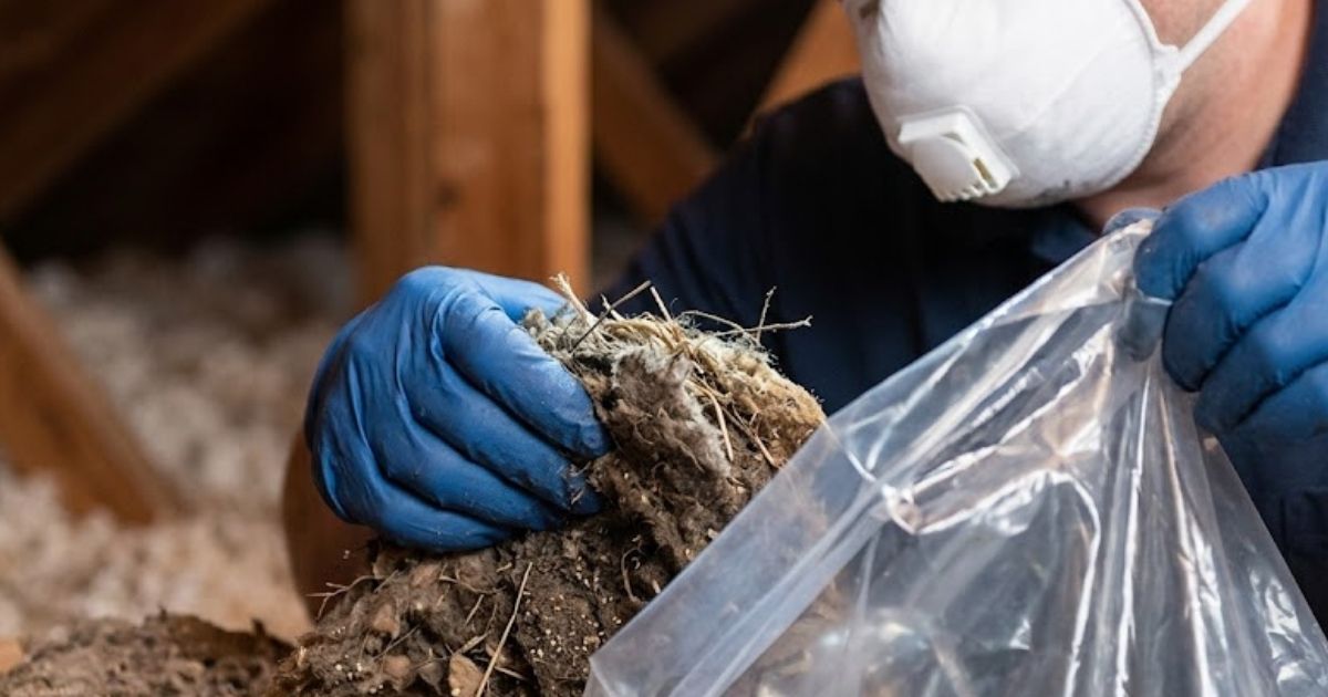 Technician in N95 respirator and nitrile gloves following hantavirus-safe rat nest removal protocol