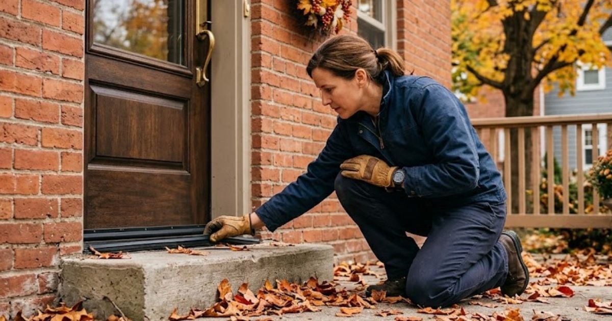 Homeowner inspecting exterior door sweep for rodent entry gaps β pre-winter rodent proofing in Augusta GA