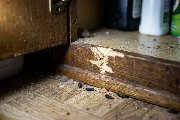 Mouse gnaw damage and droppings in kitchen cabinet — mice control service Augusta GA