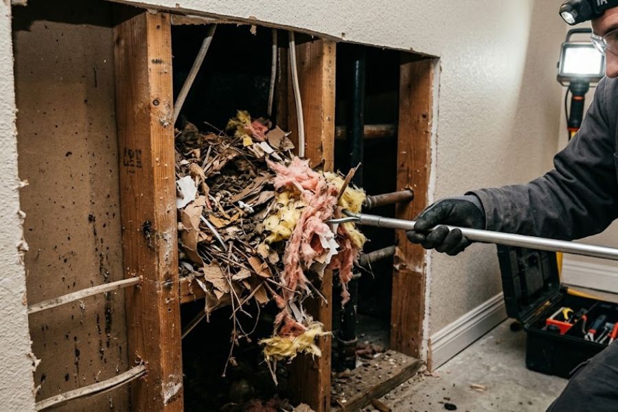Rat nest material removed from attic insulation during Augusta cleanup