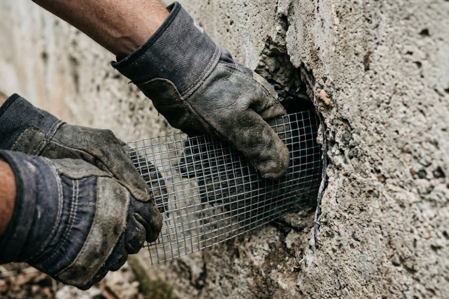 Gloved hand installing hardware cloth over crawl-space vent β rodent exclusion Augusta